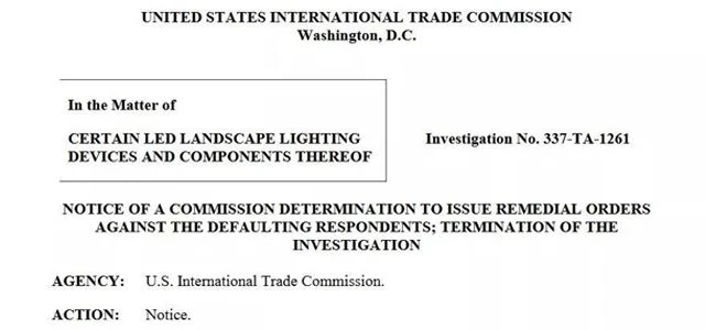 U.S. ITC Issues Final Ruling On Part 337 Of LED Landscape Lighting Installati...